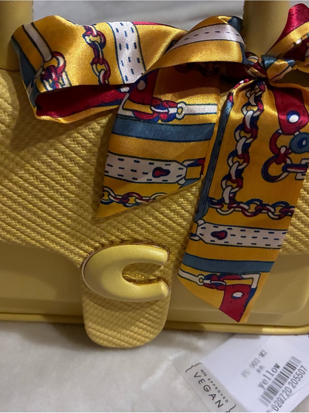 Yellow Straw Crossbody Bag with Decorative Scarf - Vegan